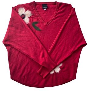 Aaeda Red 3/4 dolman sleeve v-neck sweater with felted flowers